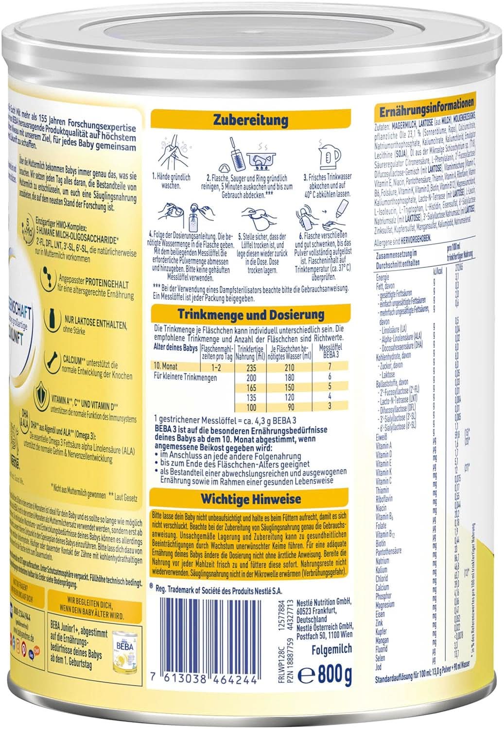 Nestlé BEBA 3 Folgemilchpulver, Folgenahrung ab 10 Monaten, 3er Pack (3 X 800G) Mutter und Kind Naty Shop