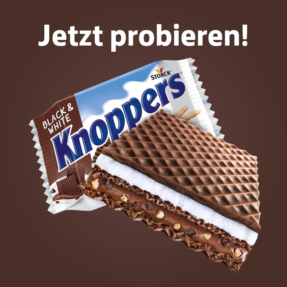 Weiße und schwarze Knoppers – 8 x 25 g – Waffelscheiben gefüllt mit dunklen Kakaowaffeln, schwarzen Keksstücken, Milch und Nougatcreme