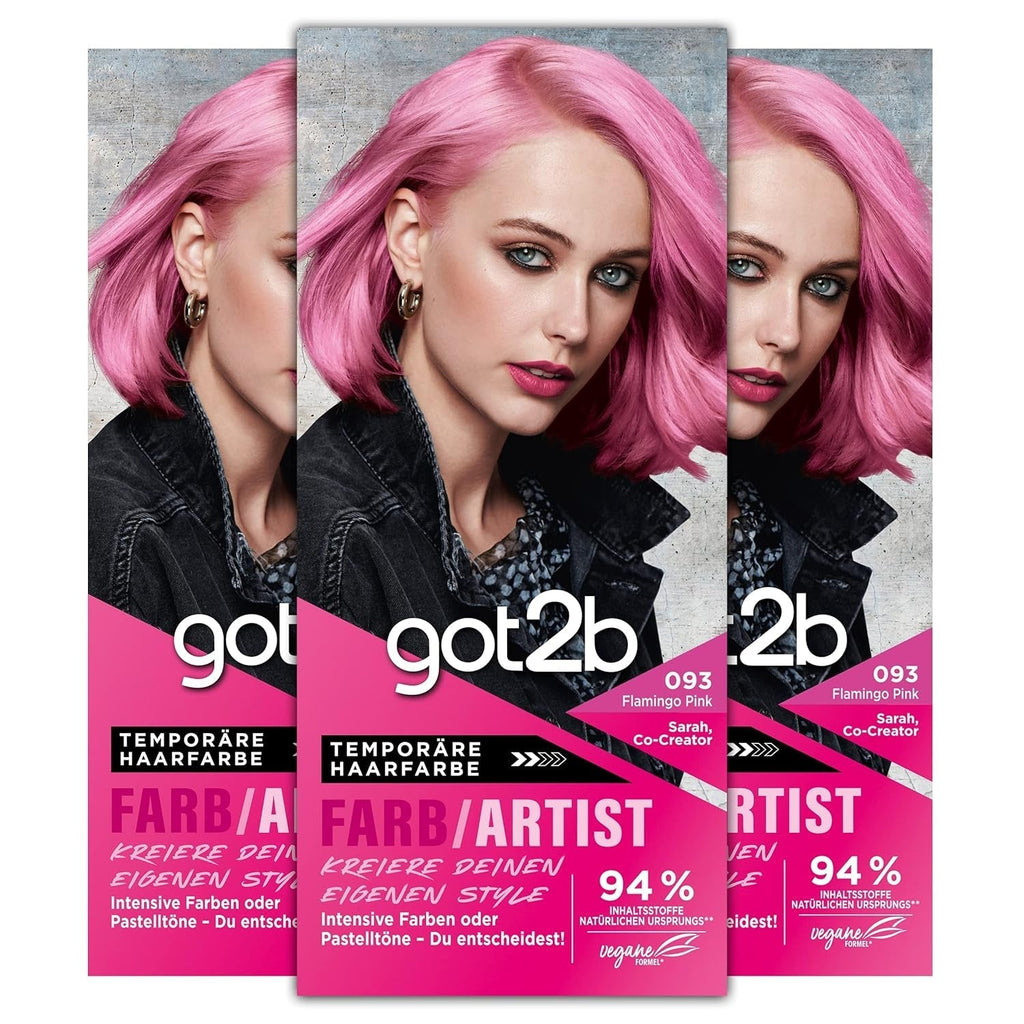 got2b Colour/Artist 097 Mermaid Green Level 2 (3x 80 ml), vopseaua de păr temporară face părul să strălucească în culori intense sau nuanțe pastelate, vopseaua de păr durează 12-15 spălări, formulă vegană Vopsea pentru par Naty Shop 093 Flamingo roz