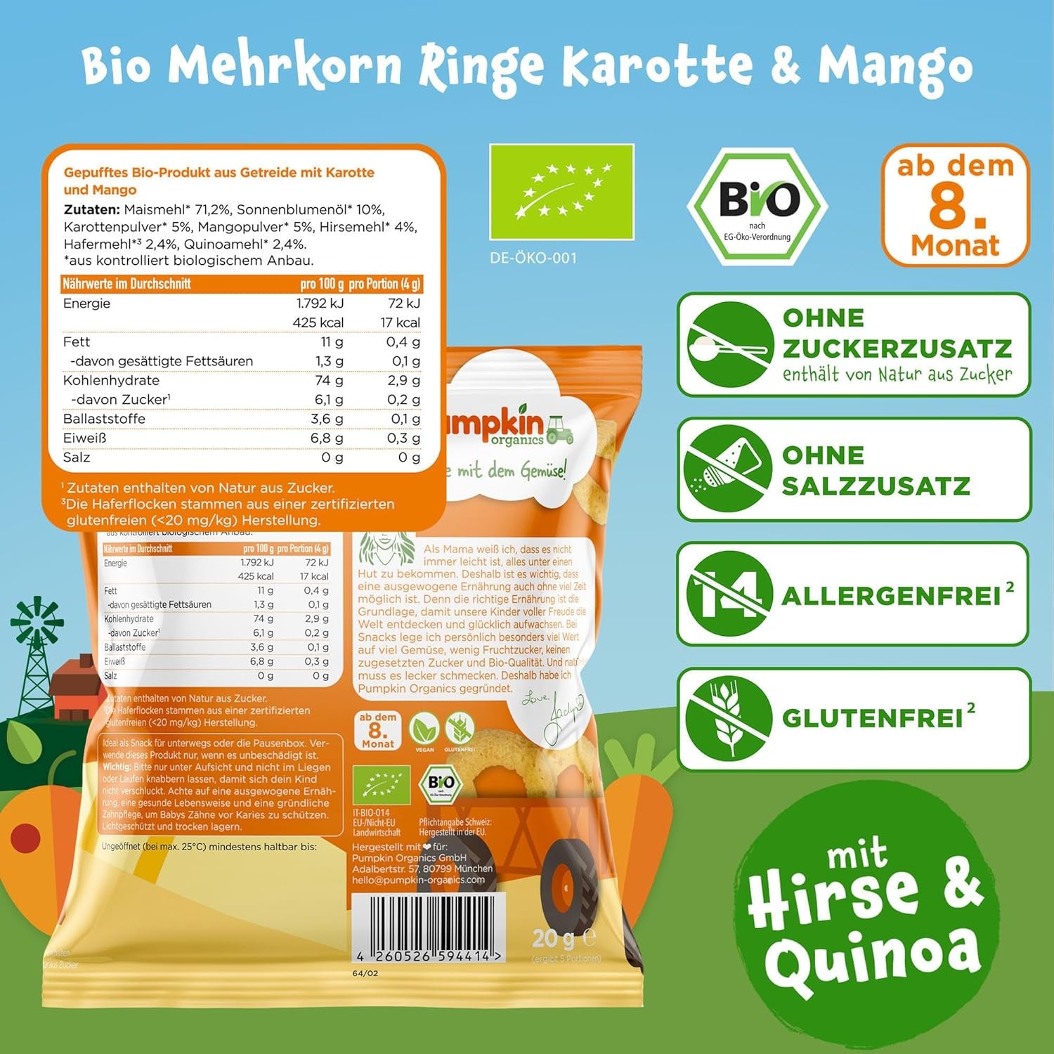 Pumpkin Organics Baby Mehrkorn-Karotten- und Mangoringe (8er-Pack) Baby-Snacks ohne Zusatzstoffe ab 12 Monaten – allergenfreie² und glutenfreie³ knusprige Baby-Snacks (8 x 20 g)
