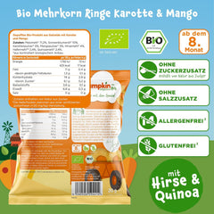Pumpkin Organics Baby Mehrkorn-Karotten- und Mangoringe (8er-Pack) Baby-Snacks ohne Zusatzstoffe ab 12 Monaten – allergenfreie² und glutenfreie³ knusprige Baby-Snacks (8 x 20 g)