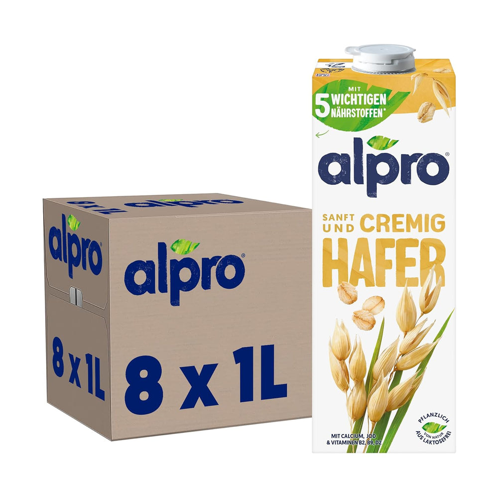 Alpro Haferdrink ohne Zucker – Milchalternative auf Haferbasis – Vegan und laktosefrei – Reich an Ballaststoffen, Kalzium und Vitaminen – 8 x 1 L