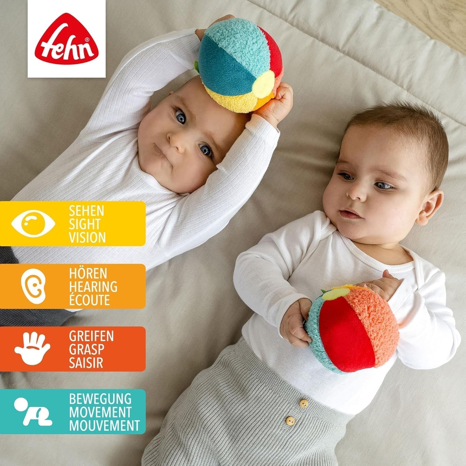 Fehn Rattle Ball colorată - minge de prindere cu amestec de materiale și zornăitor pentru aruncare, prindere, rostogolire - minge de prindere pentru promovarea abilităților motorii - minge din material textil pentru bebeluși și copii mici de la 0+ luni Jucarii Bebe Naty Shop