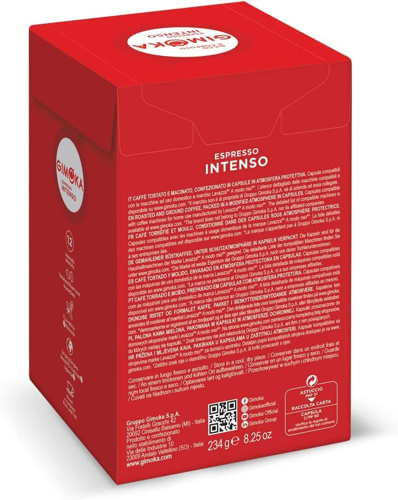 Gimoka Kaffeekapseln Espresso Intenso Kaffeemischung, Intensität 12-144 Kapseln Kompatibel mit Lavazza* A Modo Mio* Haushalts-Espressomaschinen, 144 Stück (4 x 36 Getränke) Hergestellt in Italien