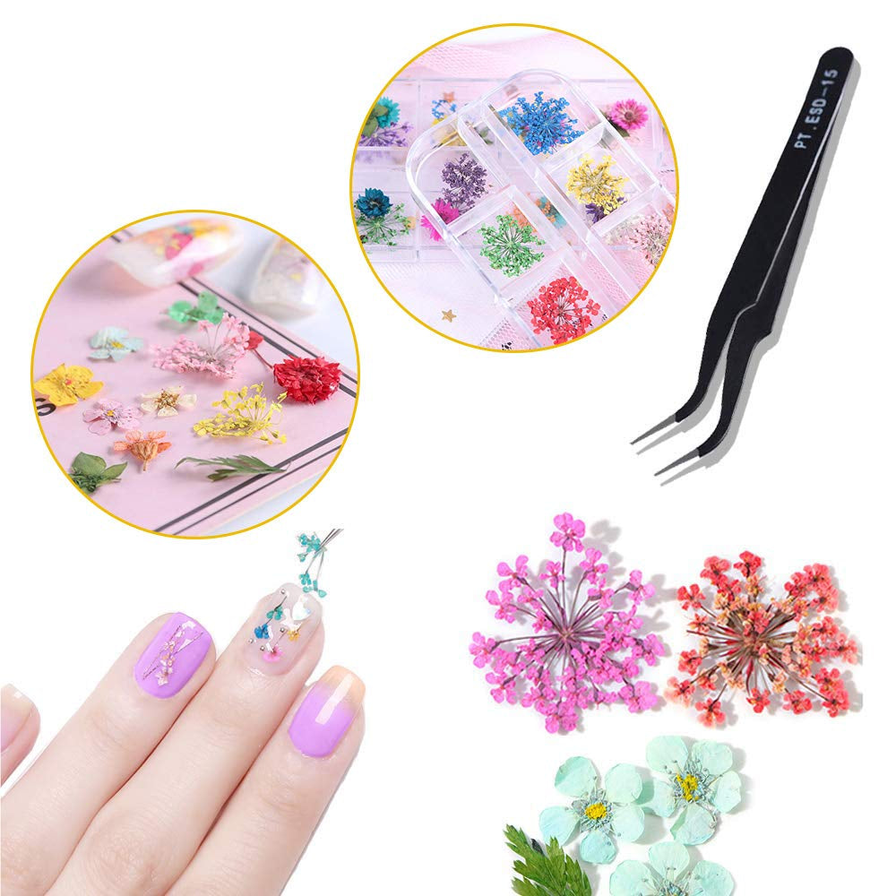Getrocknete Blüten Nail Sticker, 2 Box 36 Stücke 3D Nail Art Kunstharz Blumen Sticker, Blüten Getrocknet Nagelkunst Trocken Blumen Nagel Zubehör Für Nagel Dekor DIY Design Mit 1 Gebogener Pinzette