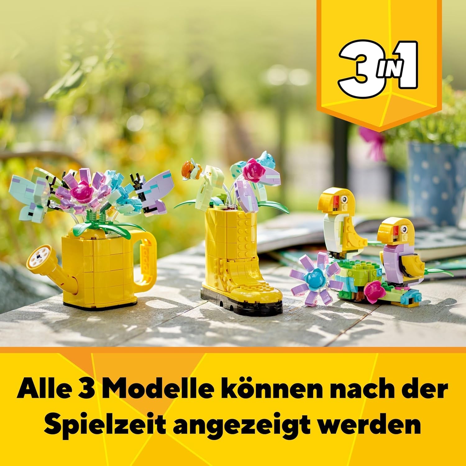 LEGO Creator 3-in-1-Spielzeug mit Blumen in der Gießkanne, Gummistiefel für 2 Vögel auf einer Stange, Tierset für Mädchen, Jungen und Kinder, mit 3 Schmetterlingsspielzeugen, tolles Schreibtischzubehör, Naturgeschenk 31149