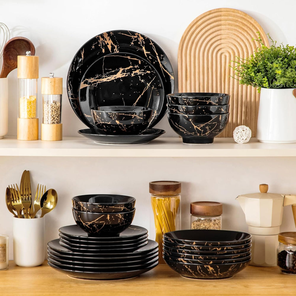 Set de veselă din porțelan LOVECASA, seria Daphne, set combinat SWEET cu 24 de piese, set de veselă cu design auriu, farfurii de cină, farfurii de desert, boluri pentru cereale și farfurii de sumă pentru 6 persoane