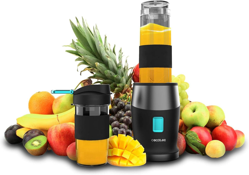 Cecotec Tragbarer Einzelstandmixer Power Titanium 300 Easygo. 350W, Zerkleinert Eis, 4 Klingen Mit Schwarzer Titanbeschichtung, Inklusive 2 Kühlröhren, 2 Tragbaren Bechern Und 2 Deckeln Mama si Copilul Naty Shop Schwarz 500 W | 2 Sportbecher