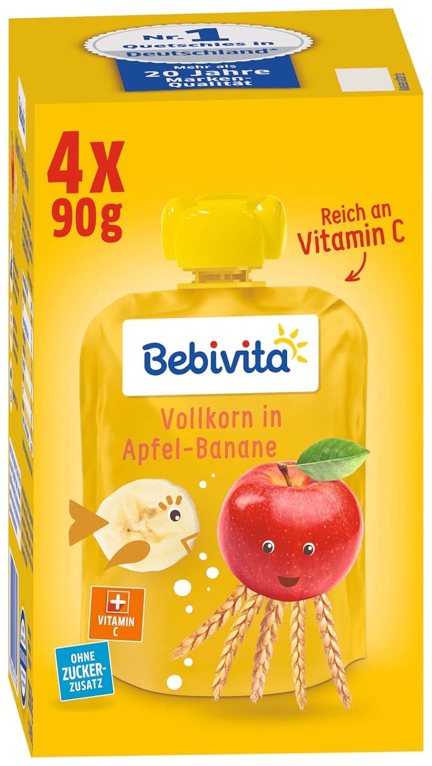 Lustige Früchte und Müsli für Kinder, Vollkornmehl in Äpfeln und Bananen, 4er-Pack (4 x 90 Gramm) Mutter und Kind Naty Shop Vollkornmehl in Äpfeln und Bananen