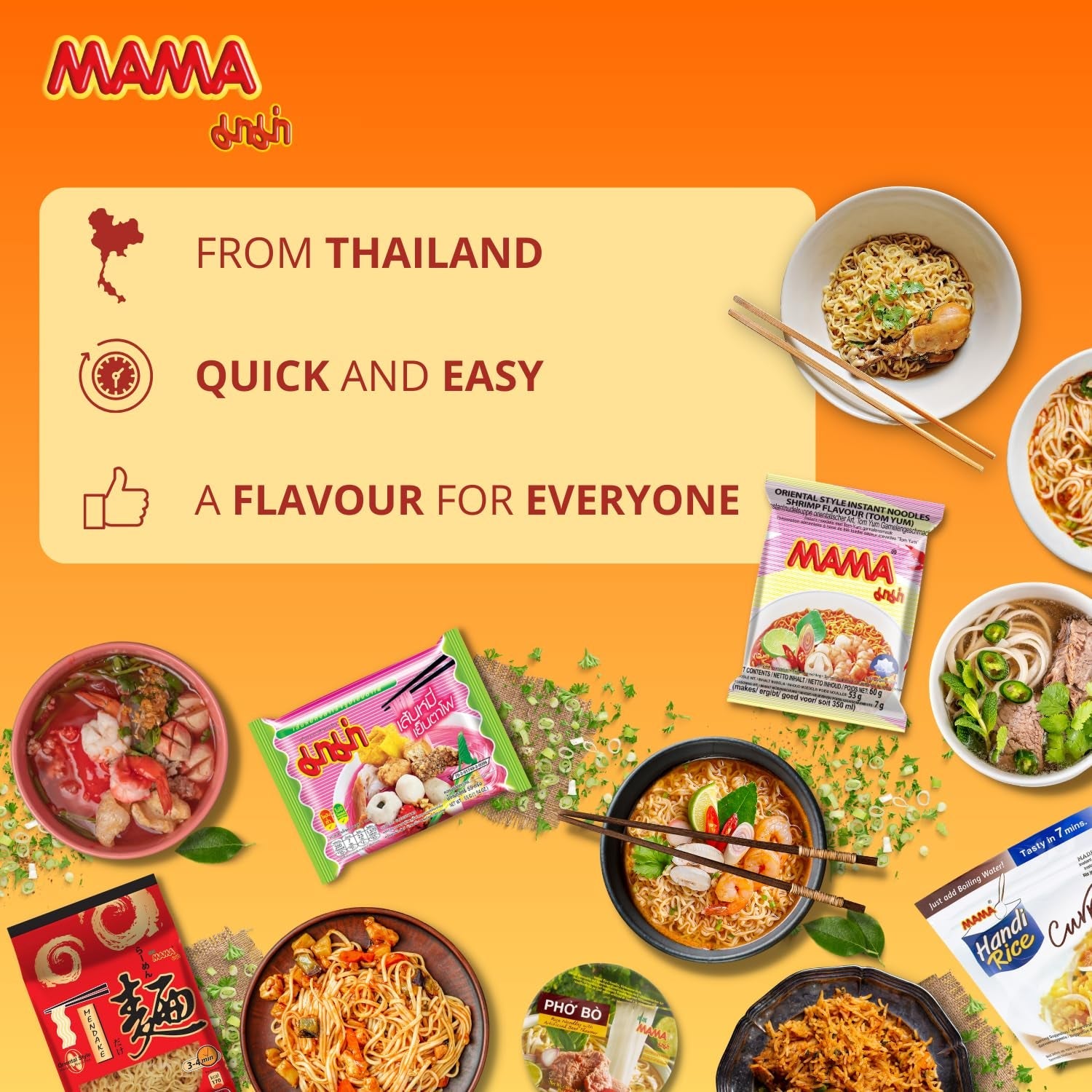 Supă clară cu tăiței instant din sticlă MAMA – Mâncare delicioasă și rapidă cu arome orientale – Bucătărie thailandeză autentică – 30 x 40 g