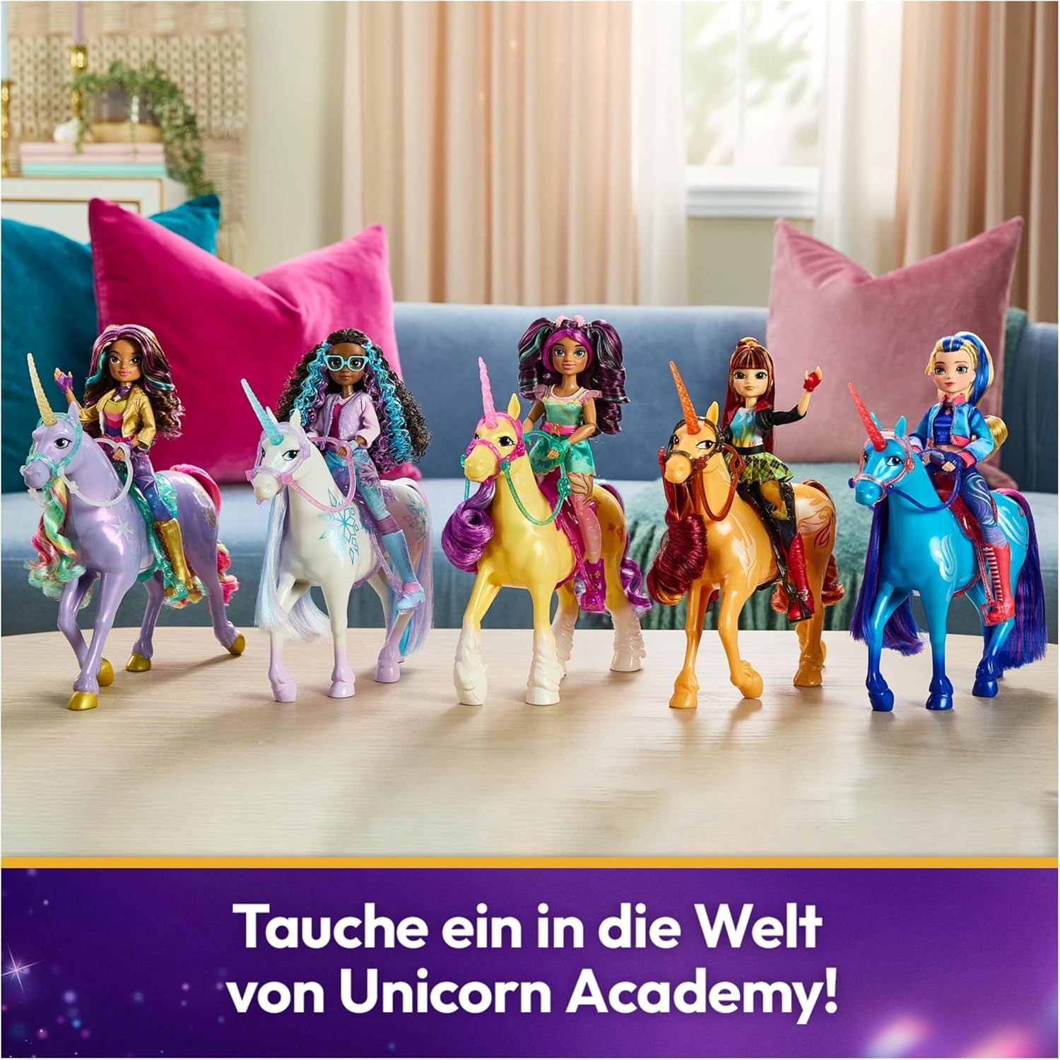 Academia Unicornilor Unicorn River - 28 cm înălțime, unicorn original de Isabel din serialul Netflix, cu coamă și coadă reale, frâu și șa detașabile și perie, pentru copii cu vârsta de 4 ani și peste