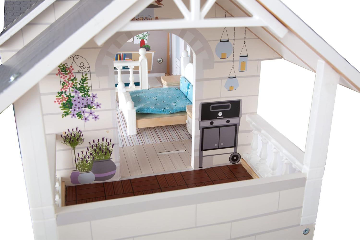 Casă de păpuși din lemn Small Foot, cu 3 etaje, față deschisă și 12 piese de mobilier, pentru copii cu vârsta de la 3 ani în sus, 11802, alb gri