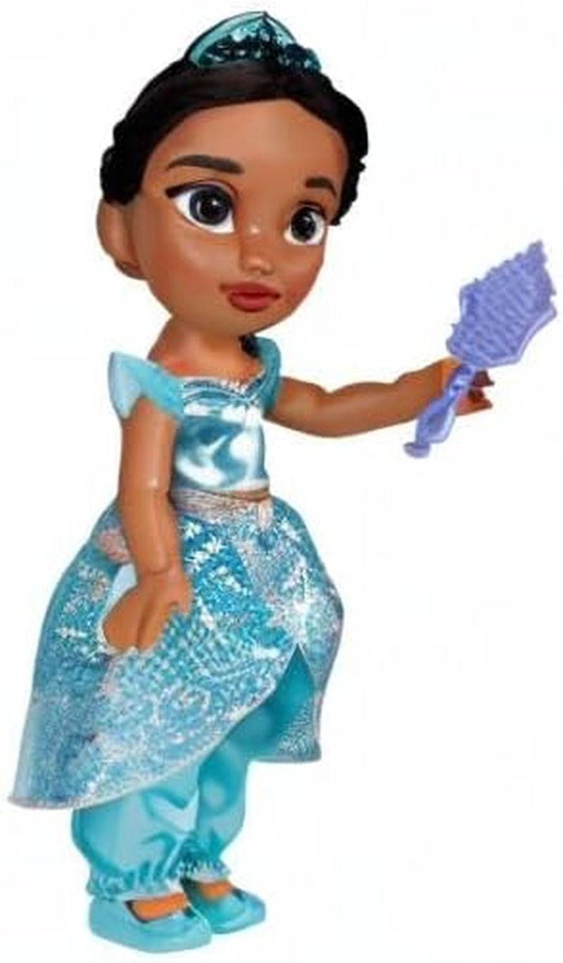 Disney Princess Jasmin Puppe 35cm, reflektierende Glitzeraugen, bewegliche Gelenke, ausziehbares Outfit, Schuhe, Krone, langes geflochtenes Haar, für Mädchen ab 3 Jahren
