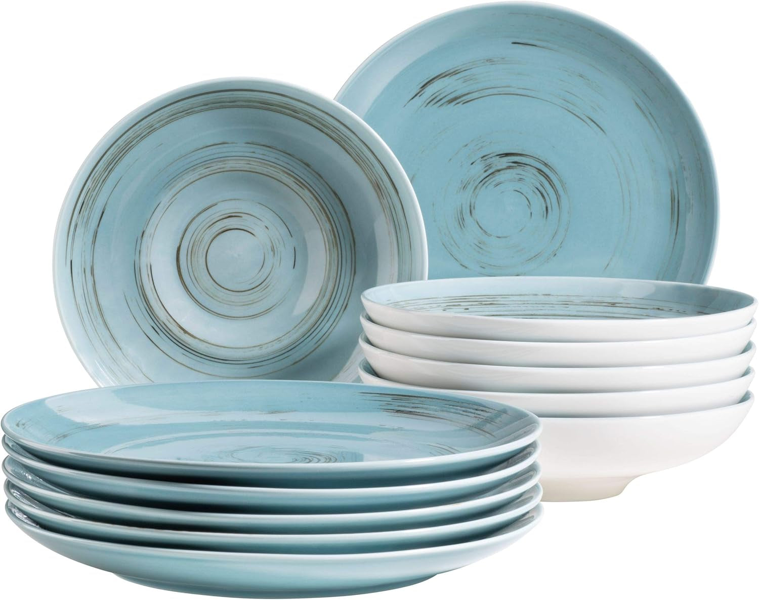 MÄSER 931605 Serie Derby Premium Tafelservice Für 6 Personen in Gastronomie-Qualität, 12-Teiliges Modernes Teller Set Mit Handpinseleffekt, Weiß, Durable Porzellan Seturi vesela masa Naty Shop Blau