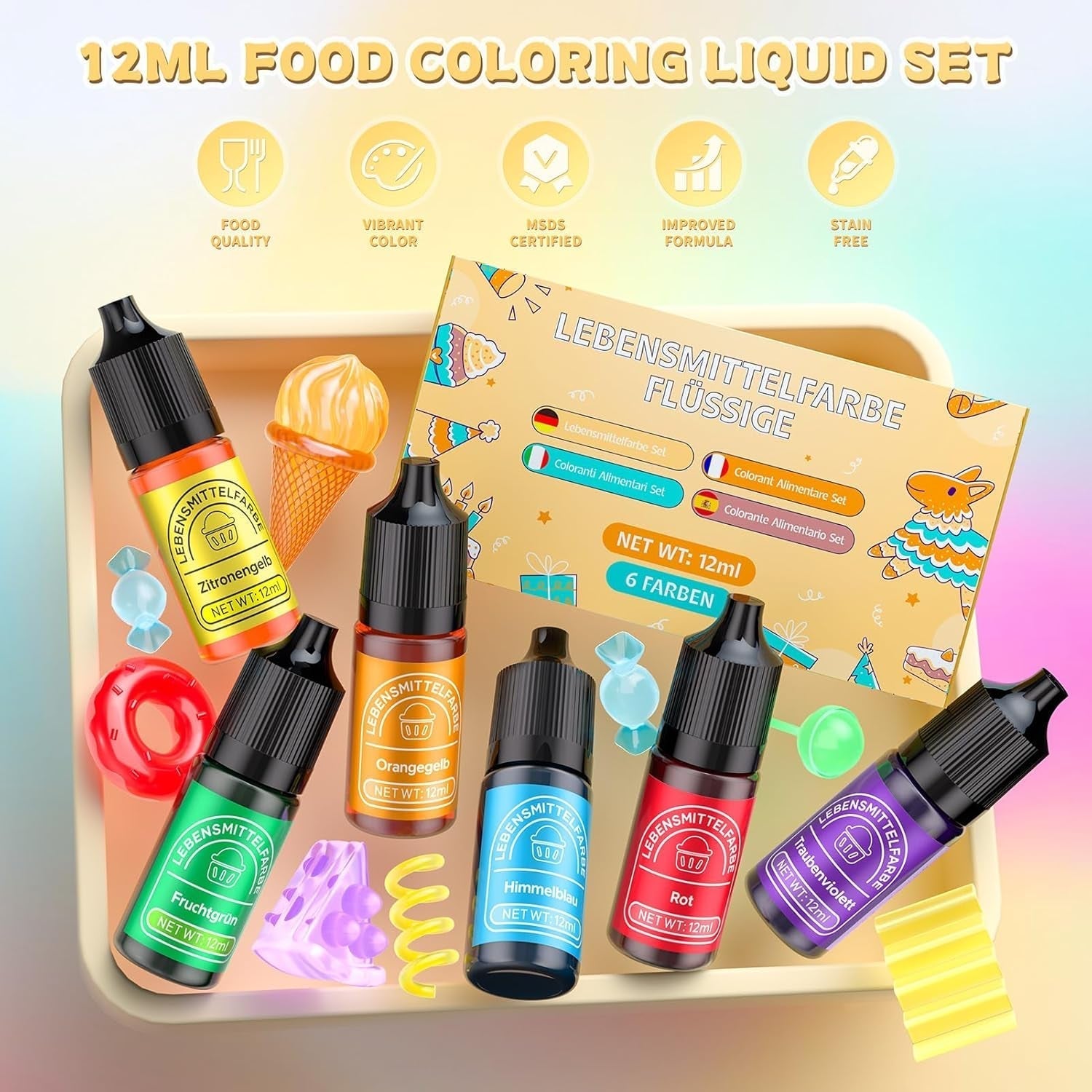Colorant alimentar 6 culori x 12 ml, colorant alimentar lichid foarte concentrat pentru copt, set de coloranți alimentari pentru fondant, prăjituri de Crăciun, macarons, gogoși, fursecuri (curcubeu)