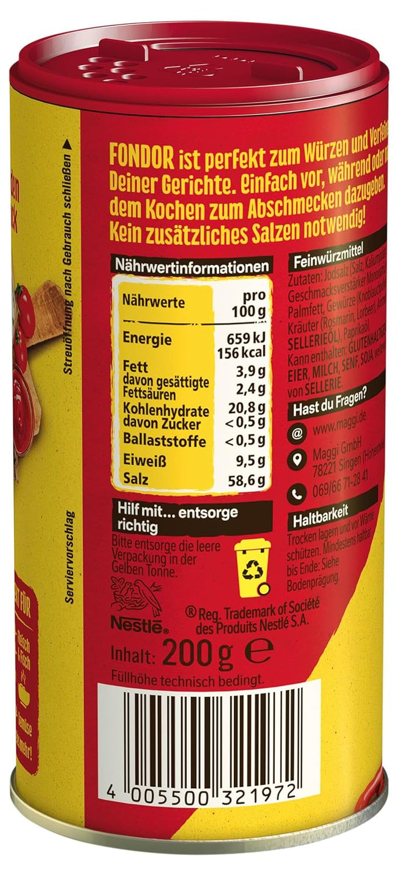 MAGGI Fondor Gewürz für Gemüse, Fleisch oder Fisch, Gewürz für Suppen oder Salate, 10er Pack (10 x 200 g)