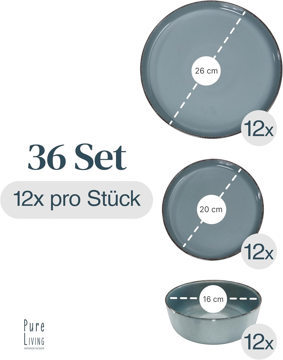Steingut Geschirrset 12 Personen Rustic 36 tlg. TESTSIEGER, Hochwertiges Landhaussttil Steingut Geschirr Set, Schüssel- und Teller Set, Tafelservice 12 Personen, Geschirrsets Pure Living in Rauchblau