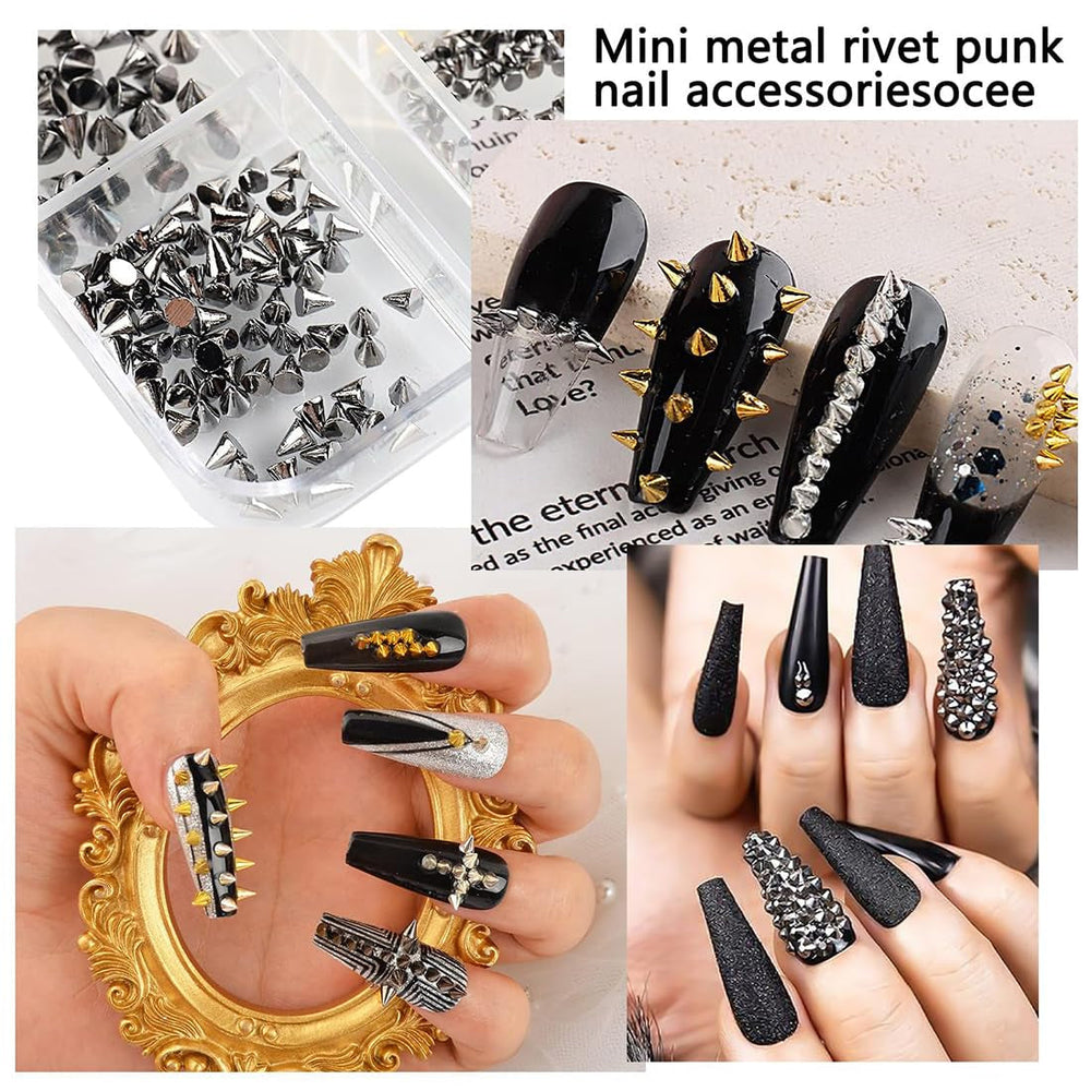 Mini Metall Nieten Punk Nail Charms Gold Silber Strasssteine Nägel Charm Kegel Spikes Nagelschmuck Glitzersteine Nail Art Studs Nagel Steine Legierung Nagelanhänger Rhinestones Nageldesign Zubehör
