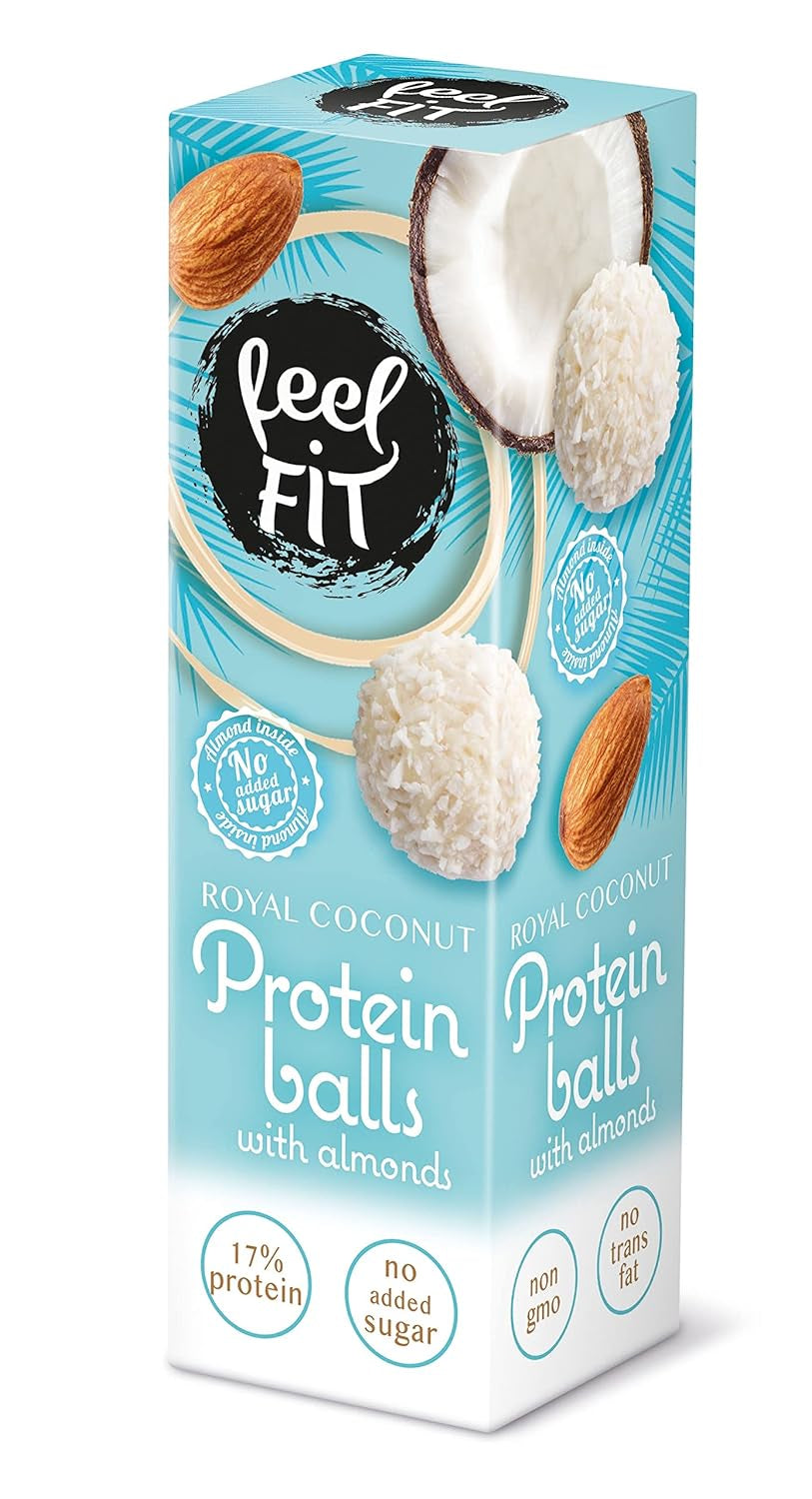 Zuckerfreie Kokospralinen mit Mandeln, Feel FIT, ohne Zuckerzusatz, 17 % Protein, 63 g