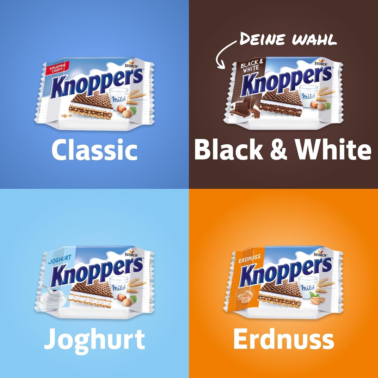 Weiße und schwarze Knoppers – 8 x 25 g – Waffelscheiben gefüllt mit dunklen Kakaowaffeln, schwarzen Keksstücken, Milch und Nougatcreme