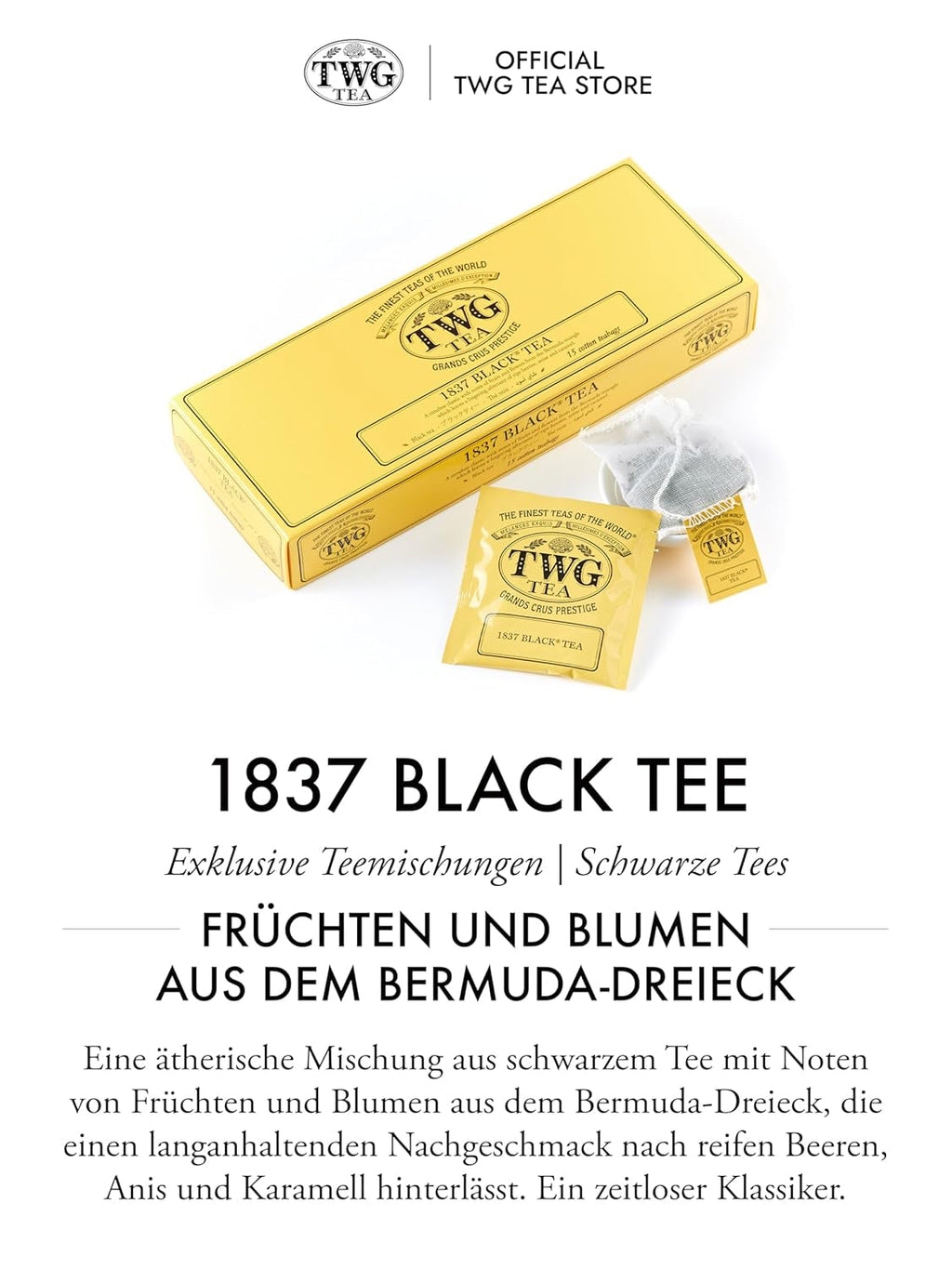 TWG Tea | 1837 Black Tea | Ceai negru | Fructe și flori | 15 pliculețe de ceai cusute manual din bumbac | Set cadou