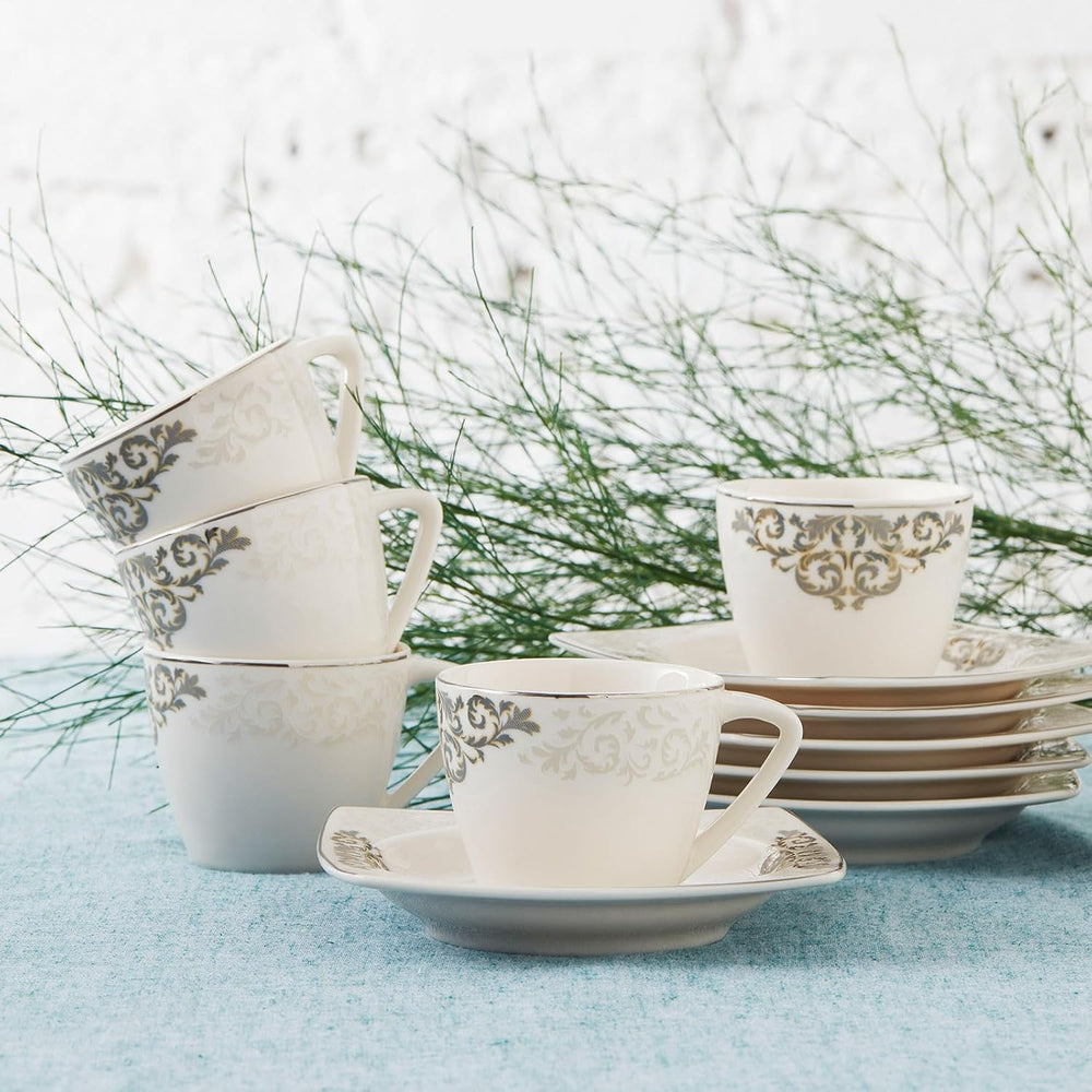 Set de cești espresso din porțelan KARACA Nazende - cești de cafea turcească de 80 ml cu farfurioare, serviciu de cafea modern cu 12 piese cu 6 cești de cafea și 6 farfurioare, cești Mocha - alb