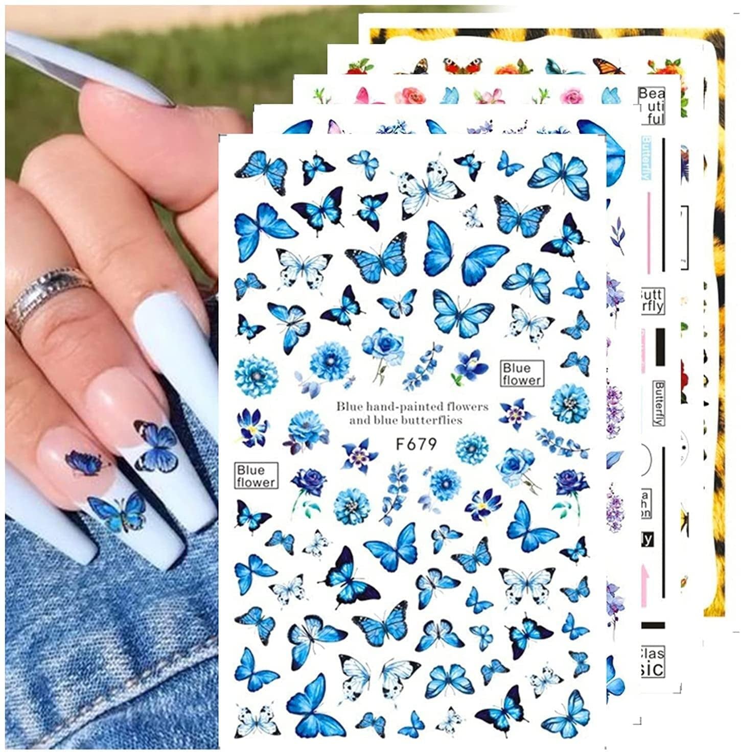JMEOWIO Nagelsticker Schmetterling 8 Blätter Nagelaufkleber Selbstklebend Blau Schwarz Gold Schmetterling Nail Art Dekoration Nagel Design Zubehör