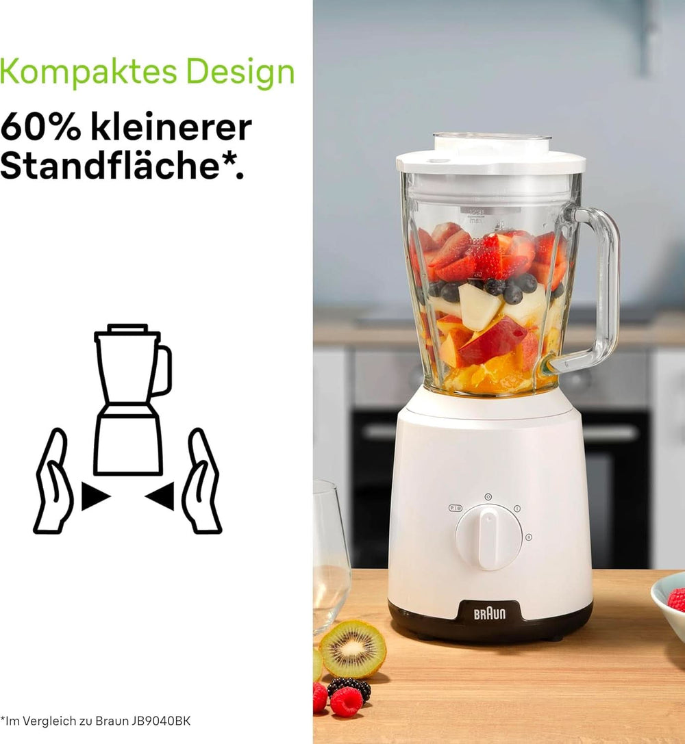 Braun Powerblend 1 JB1050WH - Standmixer Mit 1,5 L Glas-Mixaufsatz, Küchenhelfer Zum Zerkleinern, Pürieren & Mixen, Ice-Crush-Funktion, 2 Geschwindigkeiten, 600 Watt, Weiß Kitchen Naty Shop
