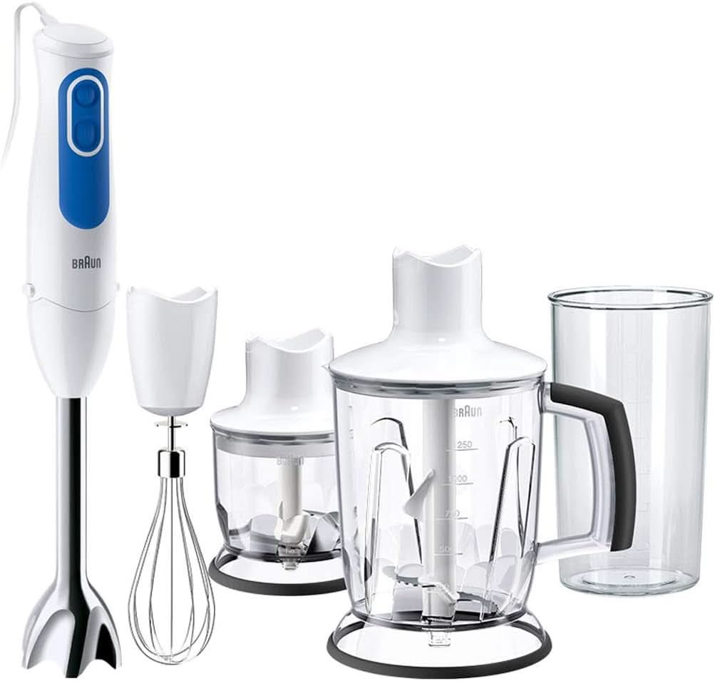 Braun Multiquick 3 MQ 3000 Smoothie+ Stabmixer – Pürierstab mit 2 Geschwindigkeiten, Powerbell plus und Splashcontrol-Technologie, 700 Watt, Inkl. 600 ml Mix- & Messbecher, Blau/Weiß Kitchen Naty Shop Mq3045 Aperitif