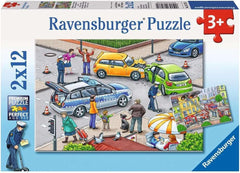 Ravensburger Puzzle pentru copii - 07574 Poliția și pompierii - Puzzle pentru copii de la 3 ani, cu 2X12 piese Puzzle Naty Shop Albastru, alb