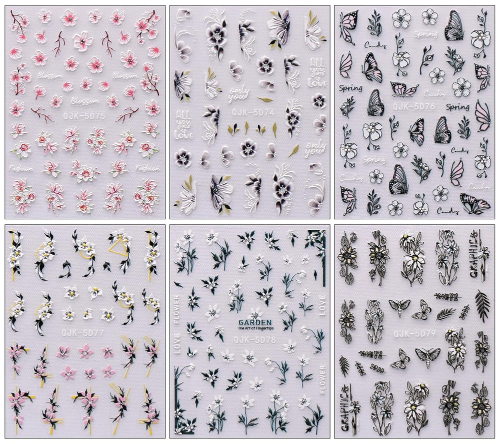 JMEOWIO 6 Blatt 3D Nagelsticker Frühlings Blume Nail Art Sticker Selbstklebend Nagelaufkleber 5D Stereoskopisch Bunte Sommer Blumen Dekoration Nageldesign Zubehör