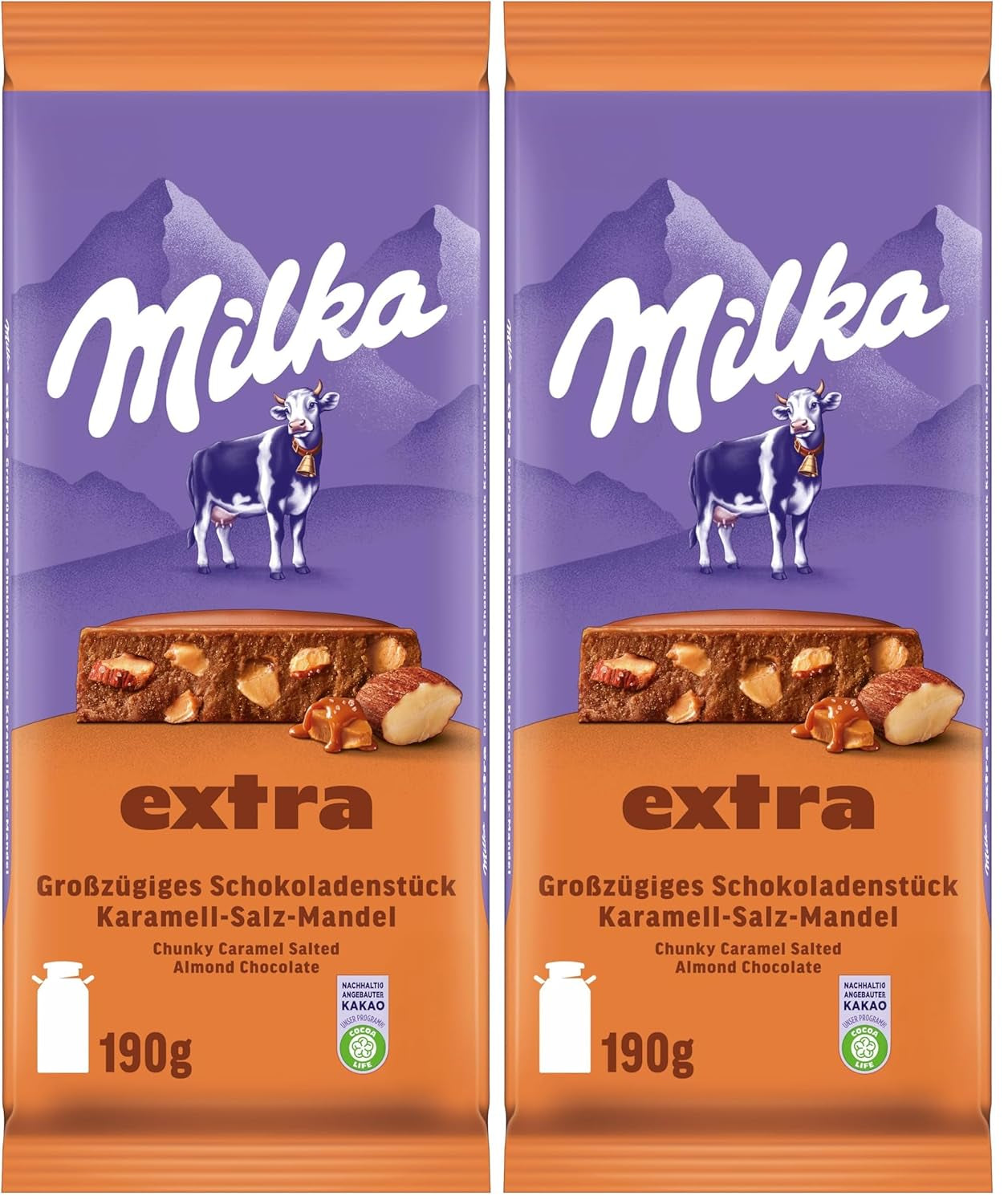Milka Extra Caramel Salt Almond – Alpenmilchschokolade mit Karamellstückchen, Mandeln und einer Prise Salz – 190g