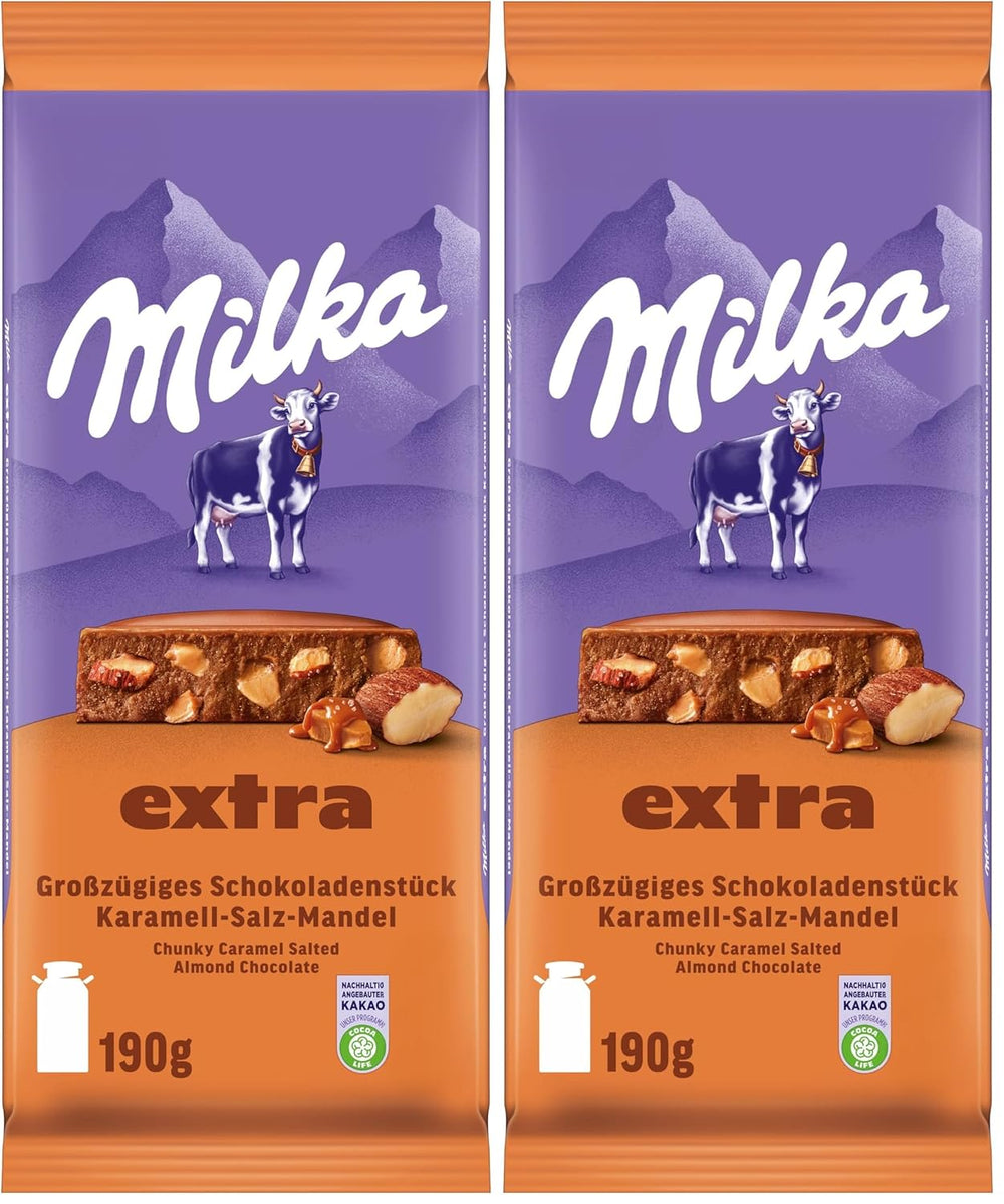 Milka Extra Caramel Salt Almond – Alpenmilchschokolade mit Karamellstückchen, Mandeln und einer Prise Salz – 190g