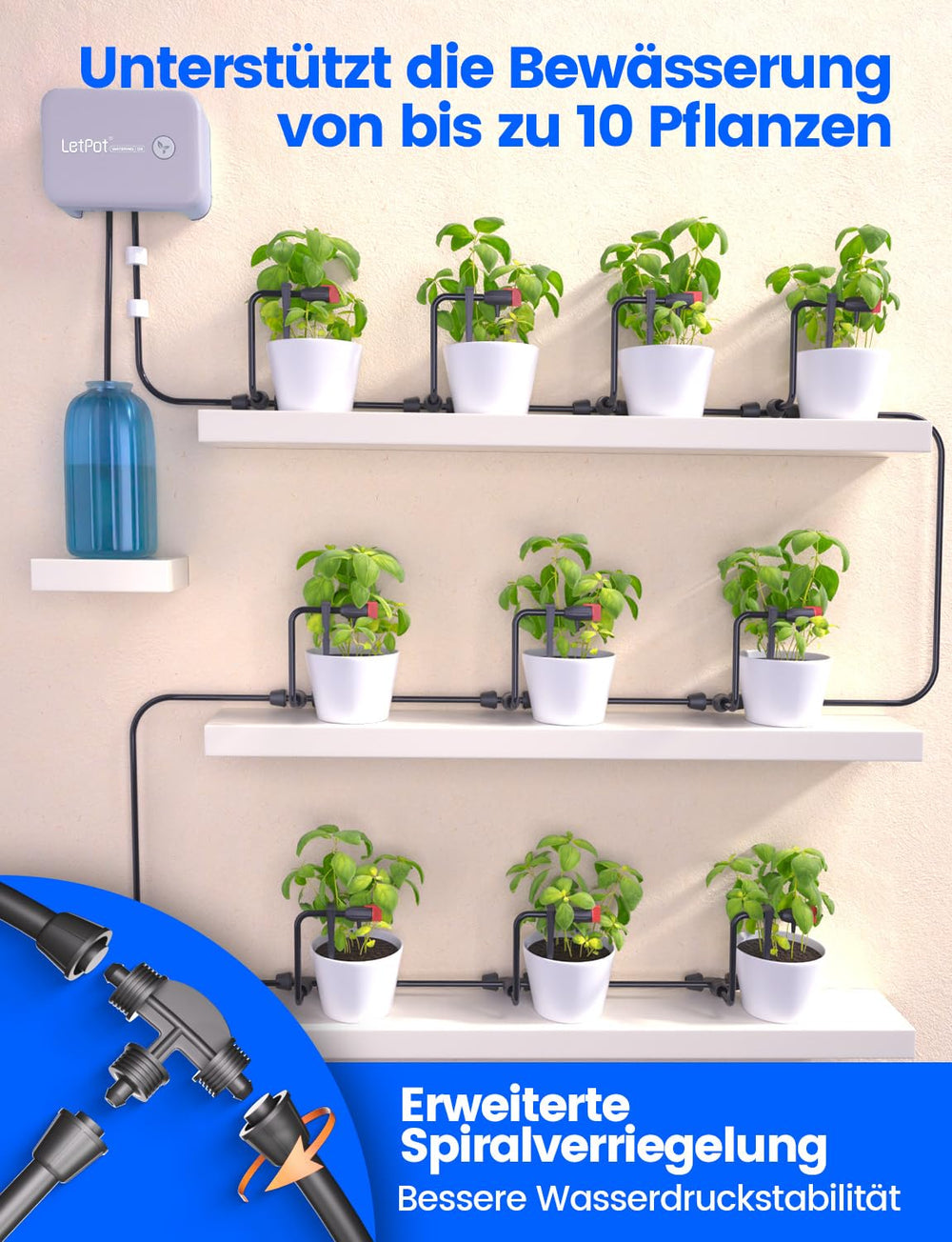 Automatisches WiFi-Innenbewässerungssystem – intelligentes Tropfbewässerungssystem mit App-Steuerung, Bewässerungscomputer für 10 Zimmerpflanzen, Urlaubsbewässerung und Pflanzenbewässerung (grau)