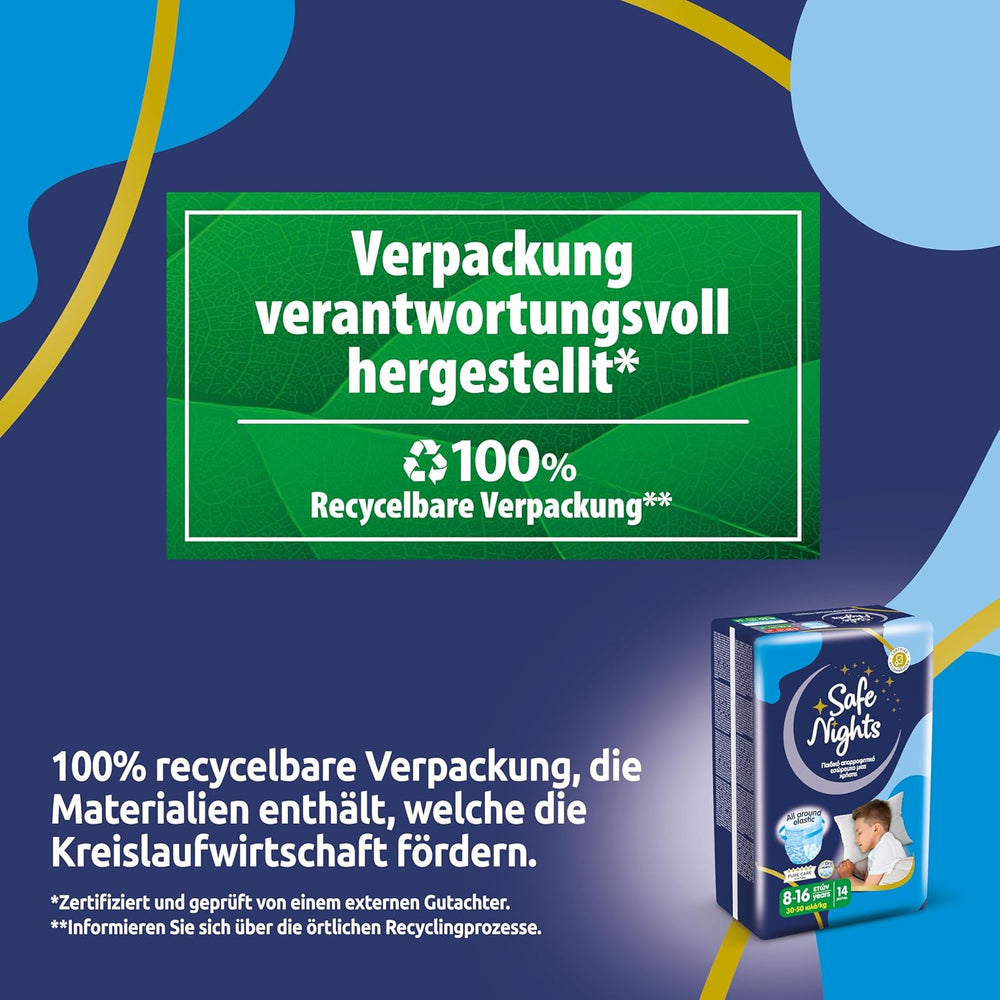 Safe Nights Boy, Nachthosen für 8–16 Jahre (30–50 kg), 84 Stück