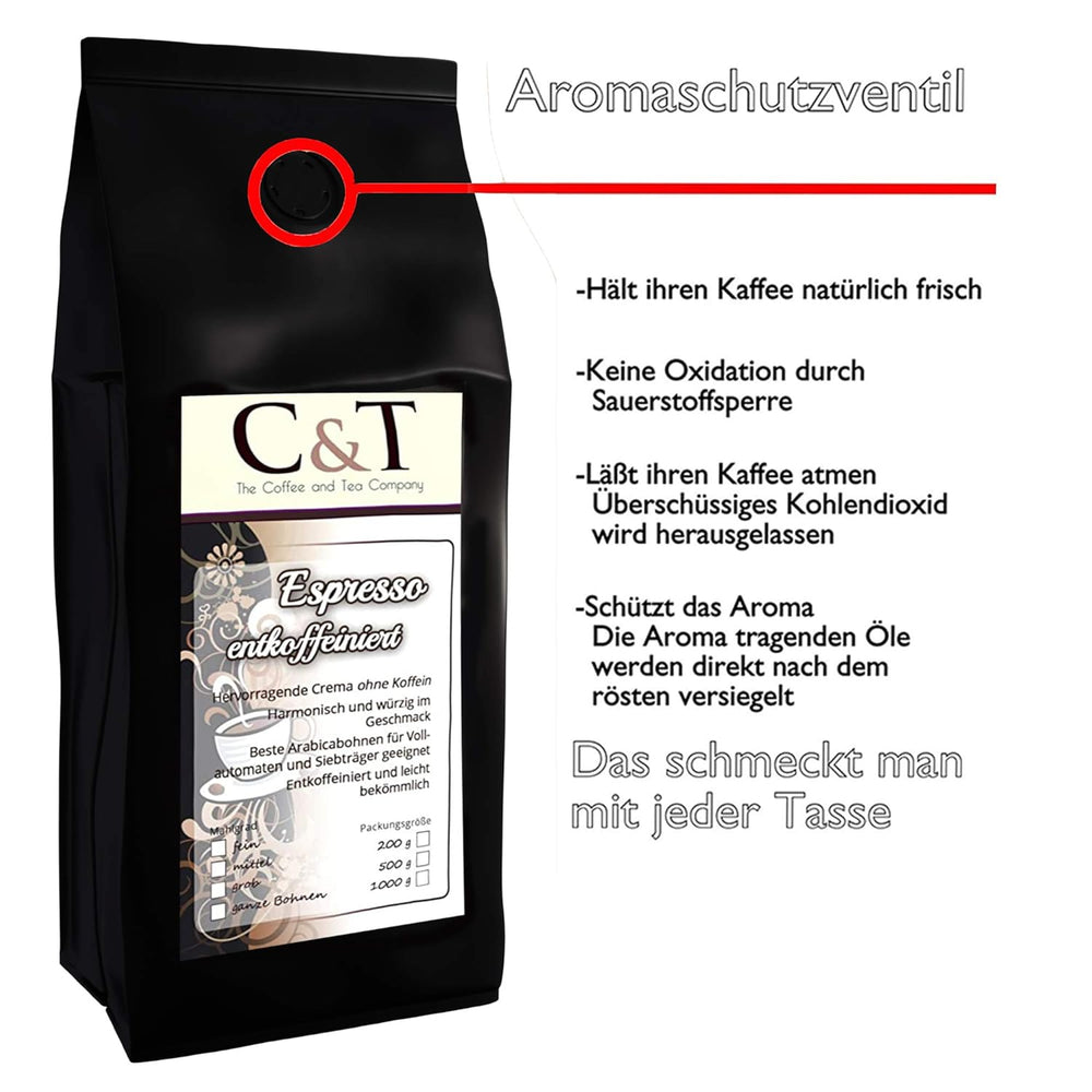 Kaffeebohnen Entkoffeiniert -  CREMA - 1000g Fein Gemahlen - für Espressokocher, Espressomaschine, Percolator - Schonend Gerösteter Bohnen-Kaffee Säurearm Ohne Koffein Blend