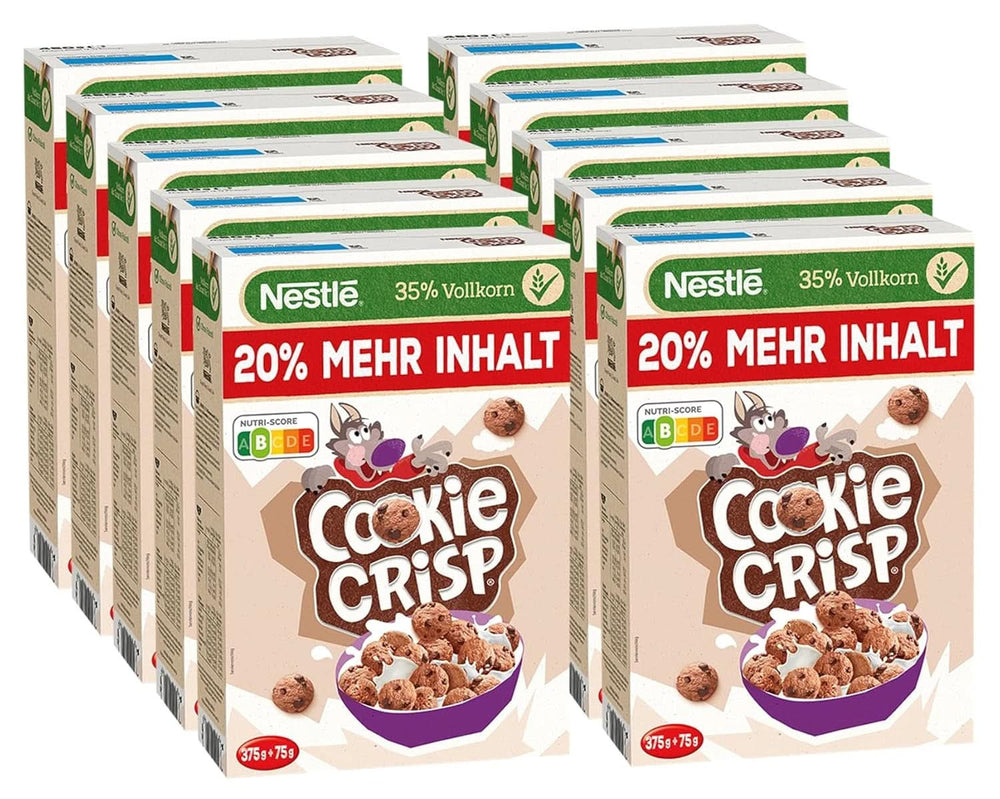 Cookie Crisp, Vollkornprodukte in Form von Keksen für das Kinderfrühstück, Packung mit 6 x 375 Gramm. Cereale Naty Shop Set 10 x 450 Gramm