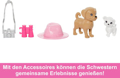 Barbie și sora mai mică Stacie - Asigură aventurile fraților în haine de vară și accesorii, inclusiv aparat de fotografiat, binoclu, pălărie de vară și două pălării mici, pentru copii de la 3 ani, HRM09 Papusi Naty Shop