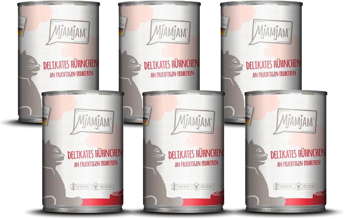 MjAMjAM – Hrană umedă premium pentru pisici - pui delicat cu căpșuni fructate 400g, pachet de 6 (6 x 400g), naturală cu carne suplimentară