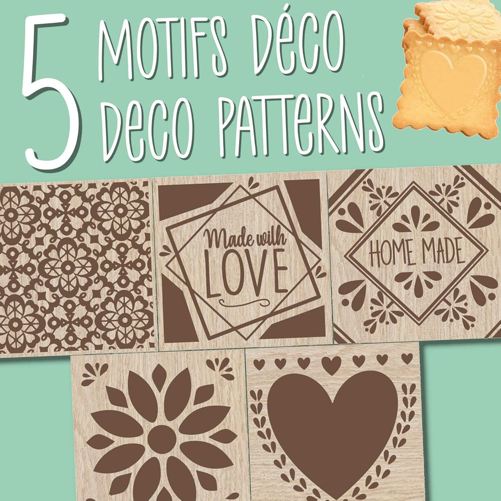 RESTURĂ DE GĂTIT 5139 Ștampilă de copt din lemn cu motive decorative, casă, cu 1 tăietor, tăietor de biscuiți și cub, decorativă, cu 5 fețe gravate în relief, decorațiune, 5139