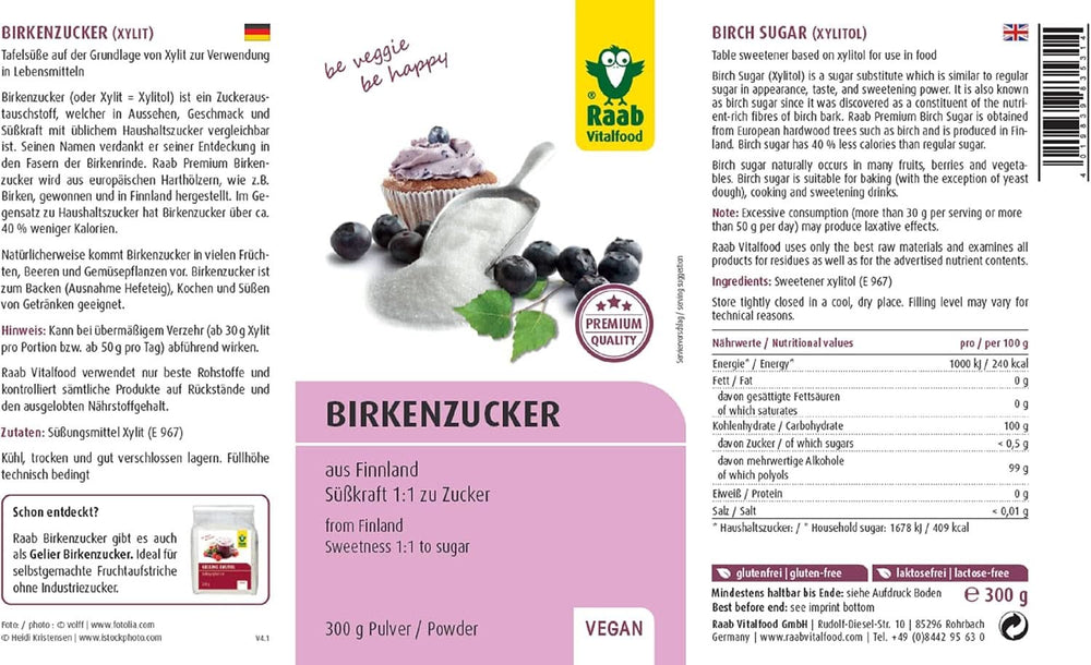 Raab Vitalfood Premium, Birkenzucker mit Xylitol-Süßstoff, Vegan, 1:1 Alternative zu Zucker, 300 Gramm Süßstoffe Naty Shop