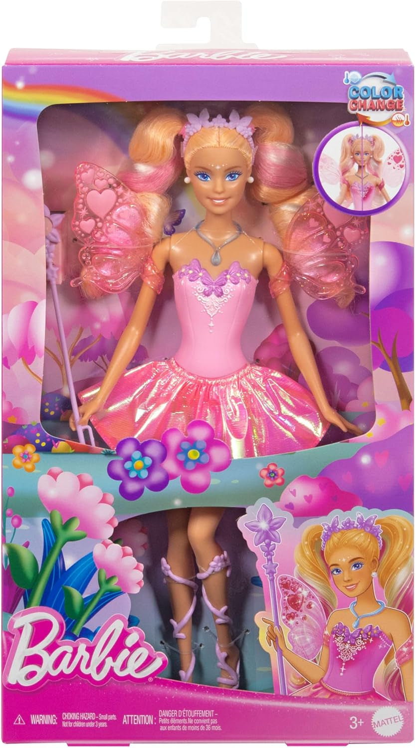 Mattel Barbie Doll Fairy cu baghetă de jucărie și accesorii de modă, temă fantastică cu aripi și ținută care își schimbă culoarea, JCP76, [Multicolor] Papusi Naty Shop