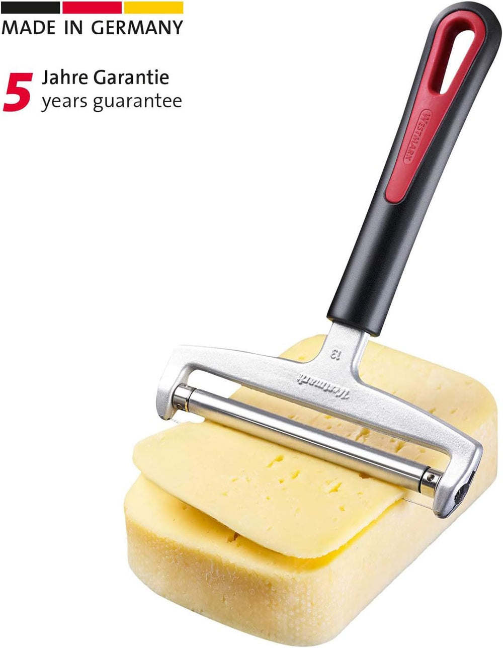 Westmark Käseschneider mit Rolle und auswechselbarem Schneiddraht, Variable Schnittstärke, Breite: 12 cm, Rostfreier Edelstahl/Aluminium/Kunststoff, Schwarz/Rot, 29272260, 17 x 12 x 2 cm