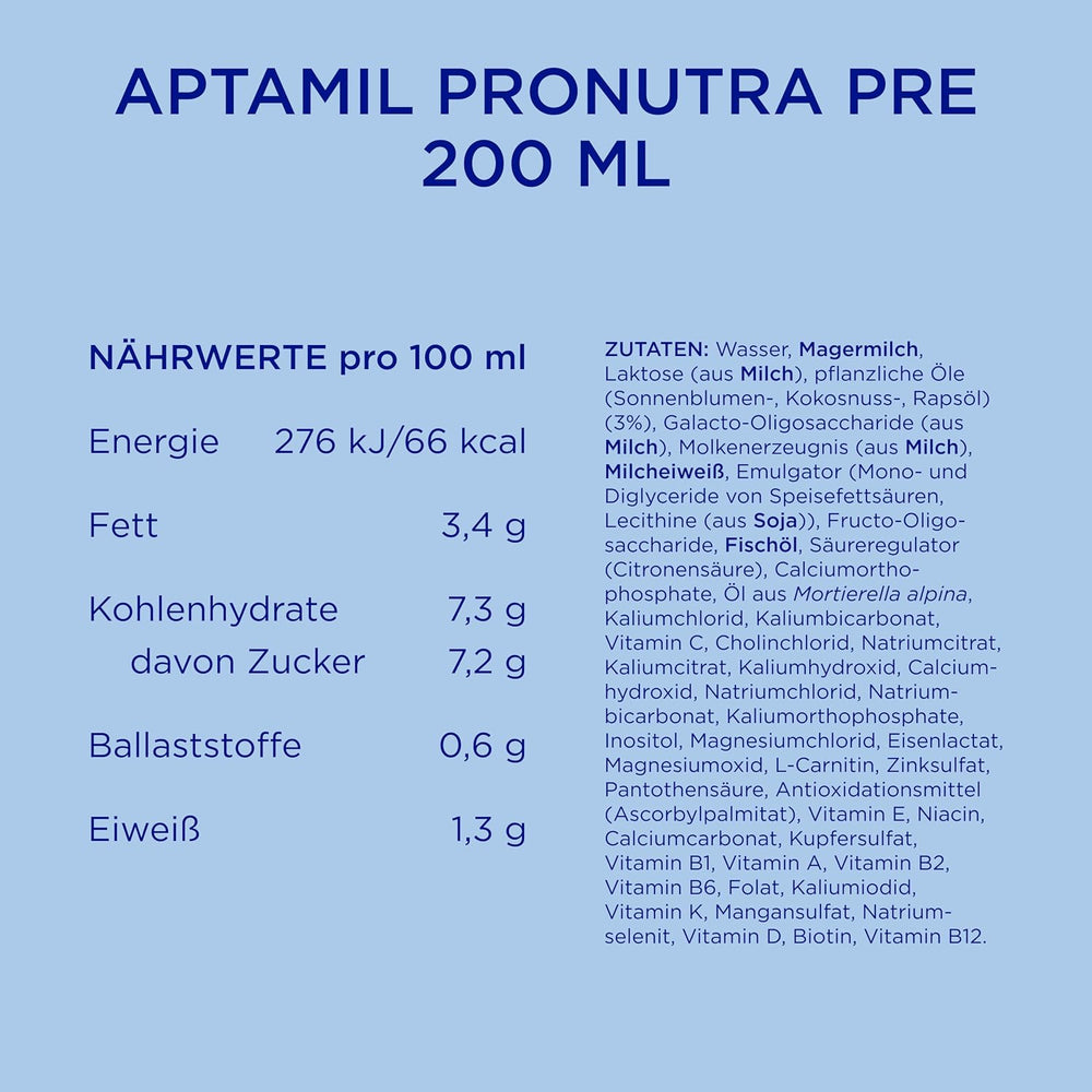 Aptamil Pronutra Pre – Säuglingsnahrung ab der Geburt – Mit pflanzlichen Ölen, ohne Palmöl – 6 x 4 x 200 ml (4800 ml)