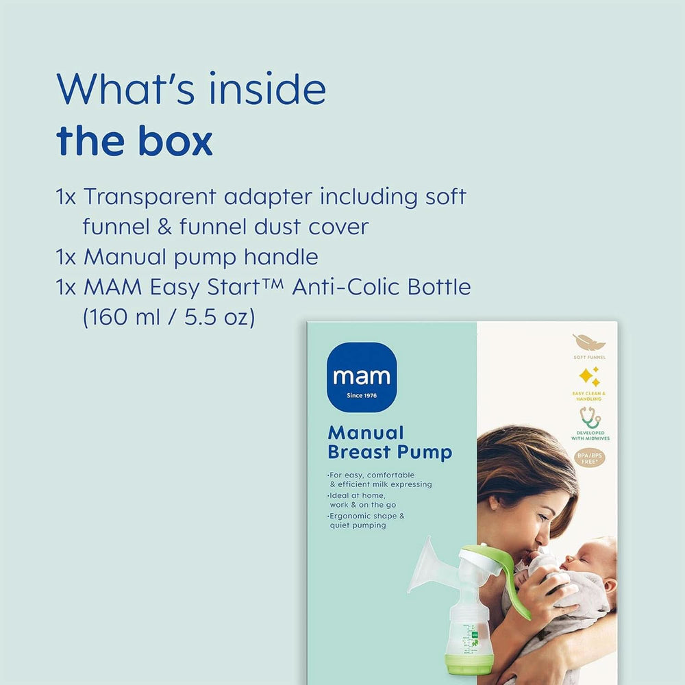 Pompă de sân de mână MAM - pompă de sân confortabilă și compactă pentru lapte matern care include 1 biberon anti-colici MAM Easy Start Accesorii Hrana si Alaptare Bebe Naty Shop