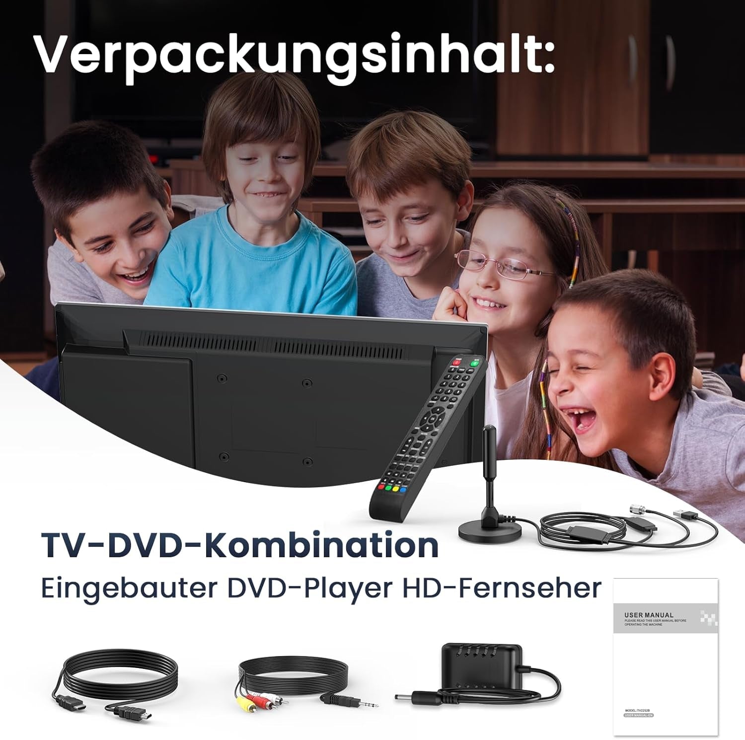 DESOBRY Mini TV 22 inch 1080P cu DVD Player Integrat, Tuner DVB-T2 Integrat, cu Antenă, Intrare HDMI/USB/AV – Combinație TV-DVD 12V pentru Autorulote, Bucătării și Camere Mici