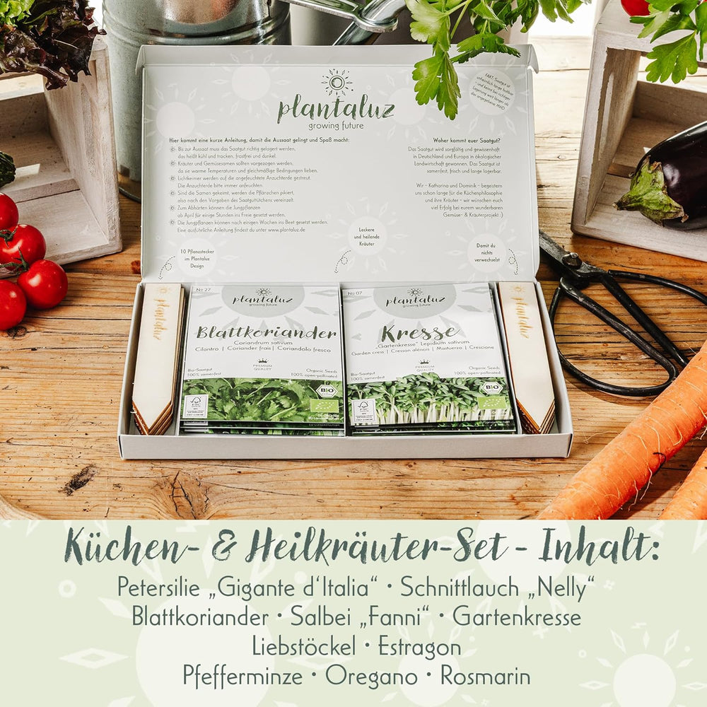 Plantaluz Premium Bio-Samen-Set P03 – Kulinarik- und Heilpflanzen-Samen-Set für Garten, Balkon und Innenbereich – inkl. Samen FSC-Pflanzstäbchen – Frei bestäubte, unbehandelte und gentechnikfreie Bio-Samen