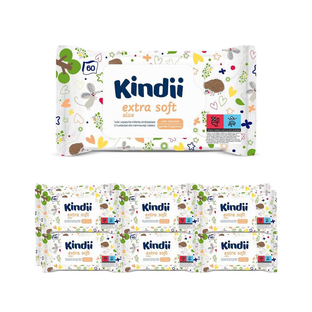 Kindii Natural Balance Feuchttücher für Babys – (1 x 60 Stk.) Feuchttücher für Babys und Kinder – Schützend, Aloe Vera, zarter Duft – 60 Stk.