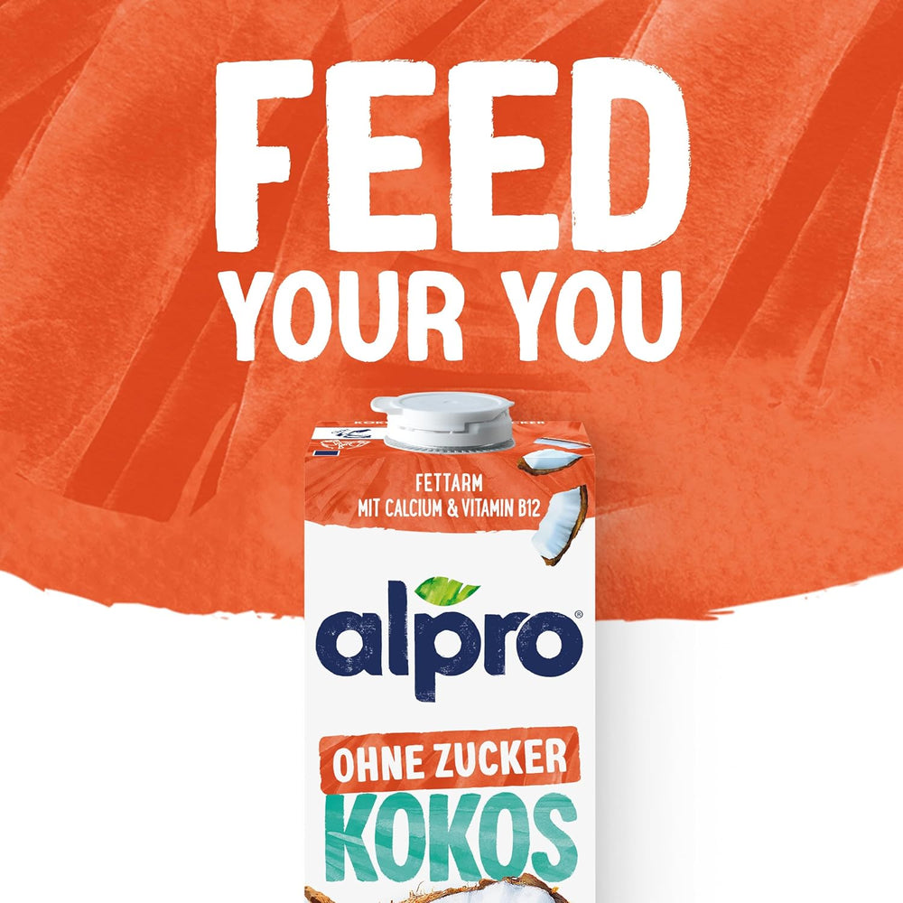 Alpro Kokosnussdrink ohne Zucker – Ohne Süßstoffe – Vegan und milchfrei – Von Natur aus laktosefrei und fettarm – Reich an Kalzium und Vitaminen – 8 x 1 L