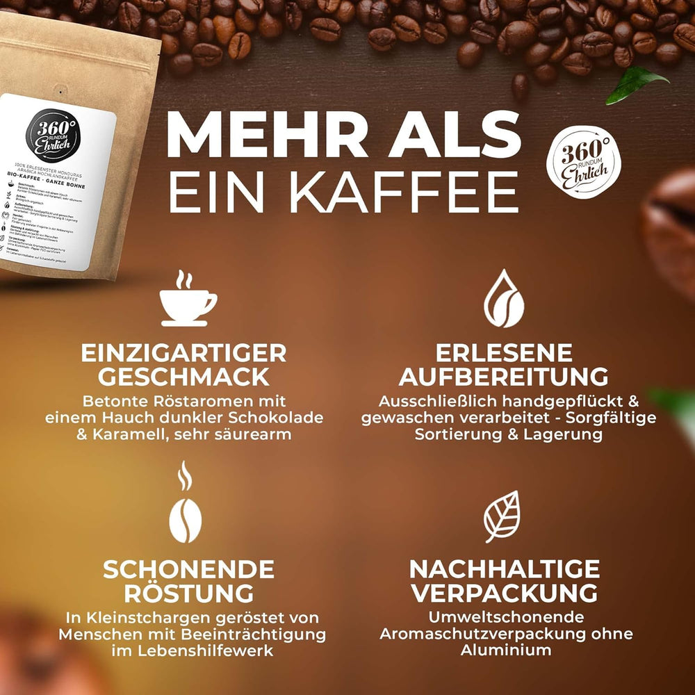 Premium Bio Kaffeebohnen 1000g, 100% Honduras Hochland Arabica Kaffeebohnen Bio - Köstlich, mild, säurearm - Bio Kaffee ganze Bohnen - Ideal als Kaffeebohnen Vollautomat - 360° Rundum Ehrlich